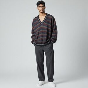 SANSABELT SPORT V-Neck Sweater Men’s M Made In USA Striped Cotton Dead Stock